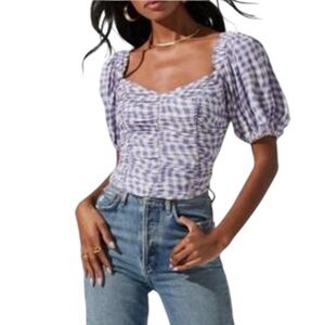 ASTR The Label Purple Gingham Ruched Puff-Sleeve Crop Top